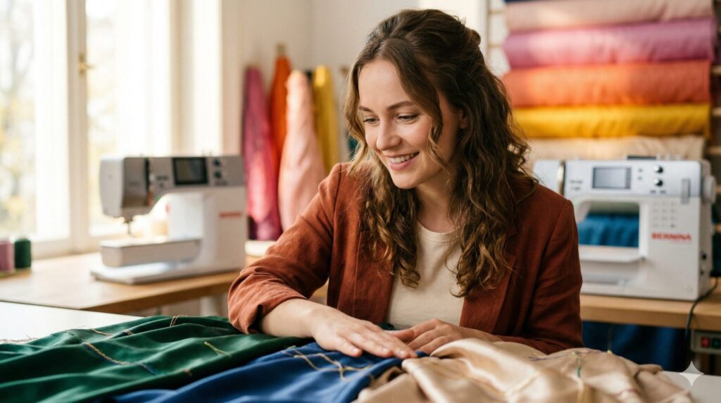 Portrét ambicióznej ženy v modernom kreatívnom ateliéri, ktorá sa sústredene a s radosťou dotýka kvalitných látok. V pozadí sú vidieť profesionálne šijacie stroje a farebné textílie, čo symbolizuje odborný rast a že je to dobrá  investícia do vzdelania v oblasti remesla a dizajnu.