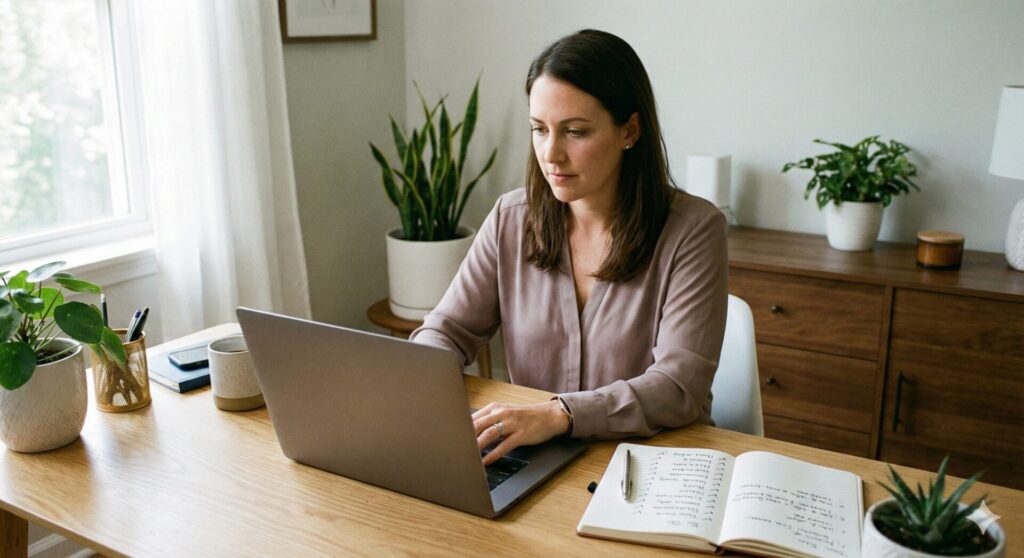 Gemini povedal
Sústredená žena sedí za dreveným stolom v svetlej domácej kancelárii a pozerá sa na obrazovku notebooku, na ktorom píše. Na stole vedľa nej leží otvorený zápisník s to-do listom a niekoľko izbových rastlín, pričom z okna dopadá prirodzené svetlo. Táto scéna autenticky ilustruje pojem práca na diaľku.