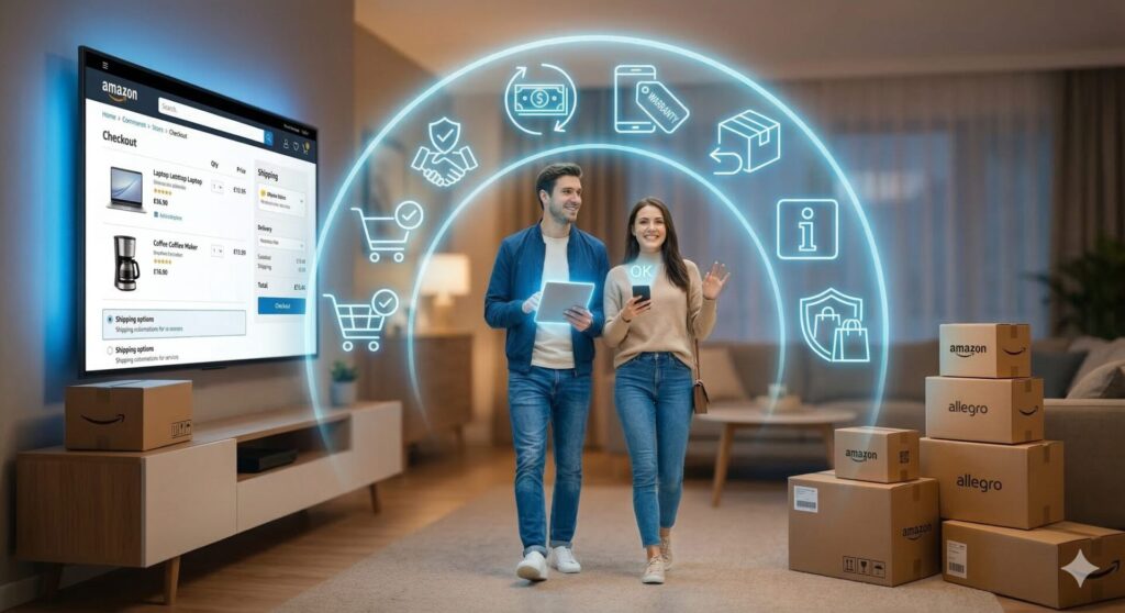 Ilustrácia digitálneho predaja a ochrany spotrebiteľa: Pár v domácom prostredí pri online nakupovaní, obklopený žiariacimi modrými ikonami, ktoré symbolizujú spotrebiteľské práva, ako sú reklamácia, vrátenie peňazí, záruka a bezpečnosť nákupu. V pozadí je obrazovka e-shopu a doručené balíky.